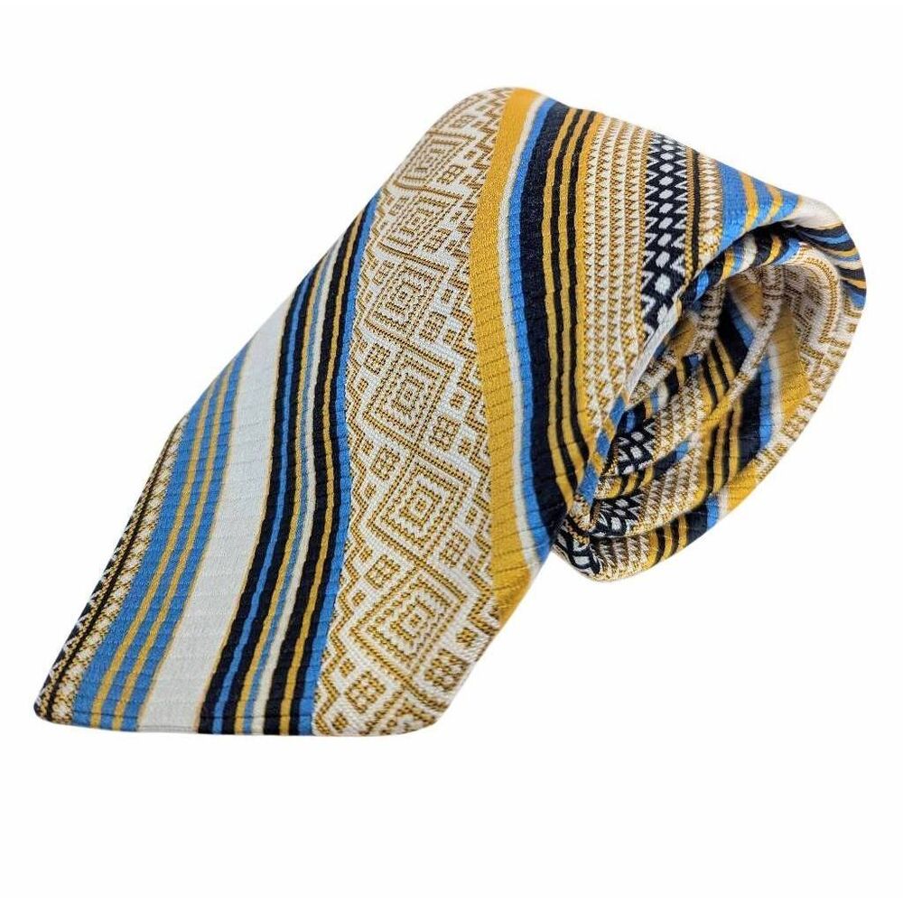 Vintage Longchamps Wide yellow gold blue geometric striped mens neck tie